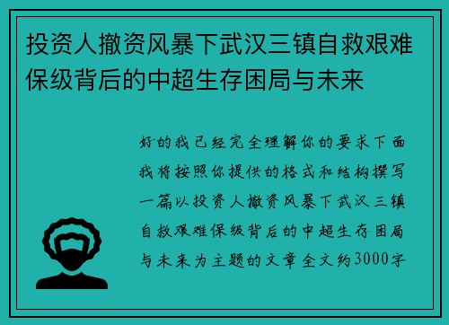 投资人撤资风暴下武汉三镇自救艰难保级背后的中超生存困局与未来